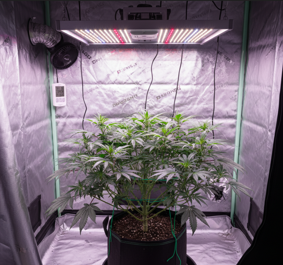 Mature cannabis plant with dense trichome coverage